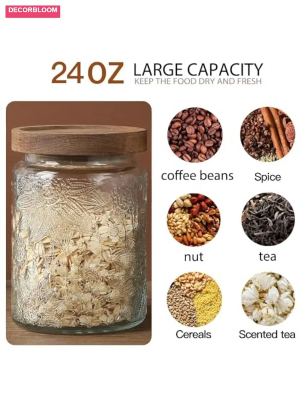 6 Pack Airtight Glass Storage Jar with Bamboo Lid - 24oz Food Canisters for